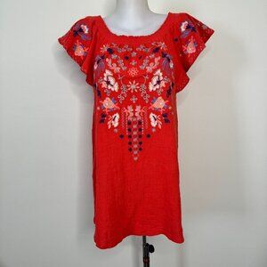 Umgee  Boho Embroidered Mini Dress Coral Orange Beachy Crepe Lightweight Sz S